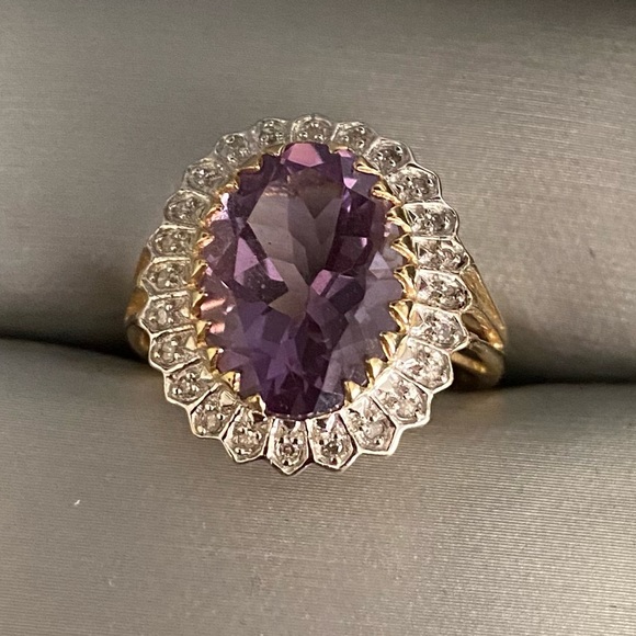 14k Two Tone Gold Diamond and Amethyst Ring Size 8 - Picture 1 of 7